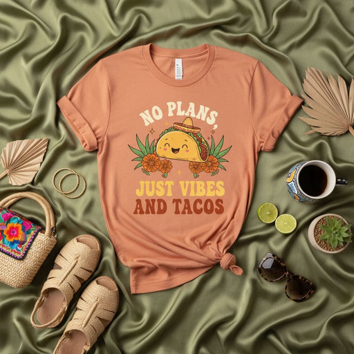 No Plans Just Vibes and Tacos Shirt, Cute Smiling Taco with Sombrero Graphic Tee, Funny Food Lover Gift, Relaxed Fit Unisex T-Shirt Mexicada