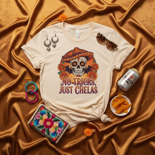 No-Tricks Just Chelas Shirt, Dia De Los Muertos Sugar Skull Sombrero Marigold Flowers Graphic Tee, Unisex Halloween Fiesta Party T-Shirt Gift Mexicada