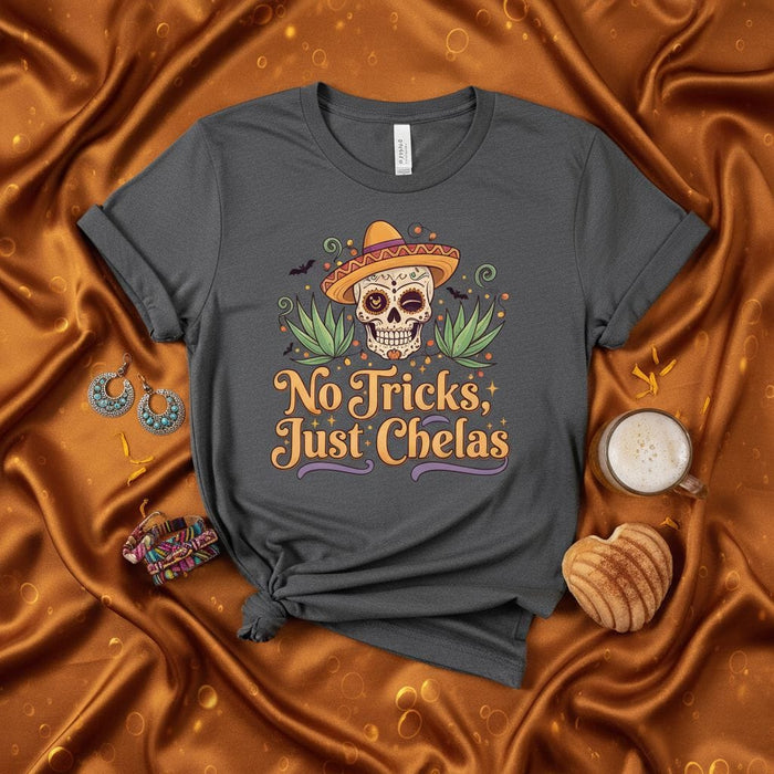 No Tricks Just Chelas Sugar Skull T-Shirt, Day of the Dead Shirt, Dia de Muertos, Cinco de Mayo Drinking Tee, Mexican Beer Shirt, Mariachi Sombrero Graphic T-shirt, Unisex. Mexicada