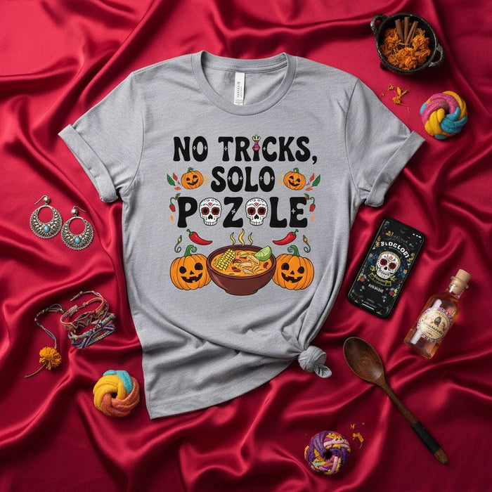 No Tricks Solo Pozole Shirt, Halloween Day of the Dead Pozole Lover T-Shirt, Sugar Skull Pumpkin Chili Fall Foodie Unisex Tee, Dia de Muertos Gift Idea Mexicada