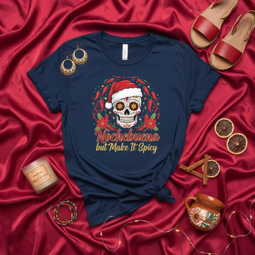 Nochebuena but Make It Spicy Sugar Skull T-Shirt with Santa Hat, Chili Peppers, and Poinsettias - Dia De Muertos Christmas Holiday Shirt for Men & Women, Unisex Festive Apparel Mexicada