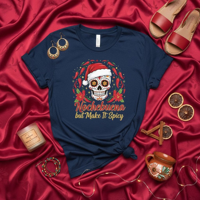 Nochebuena but Make It Spicy Sugar Skull T-Shirt with Santa Hat, Chili Peppers, and Poinsettias - Dia De Muertos Christmas Holiday Shirt for Men & Women, Unisex Festive Apparel Mexicada