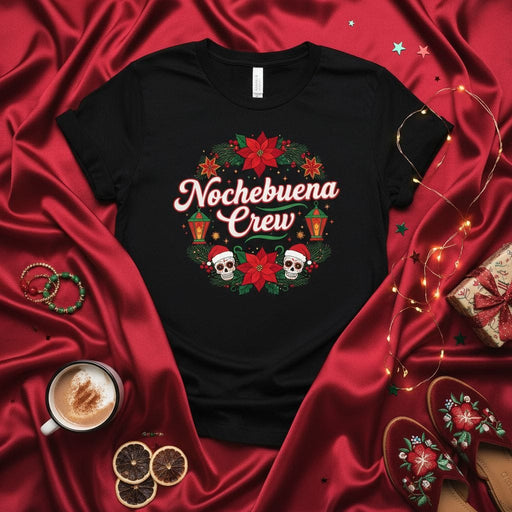 Nochebuena Crew Christmas Calavera T-Shirt, Mexican Holiday Posada Fiesta Tee with Poinsettias and Skulls, Festive Xmas Eve Family Matching Shirt, Hispanic Culture Gift Mexicada