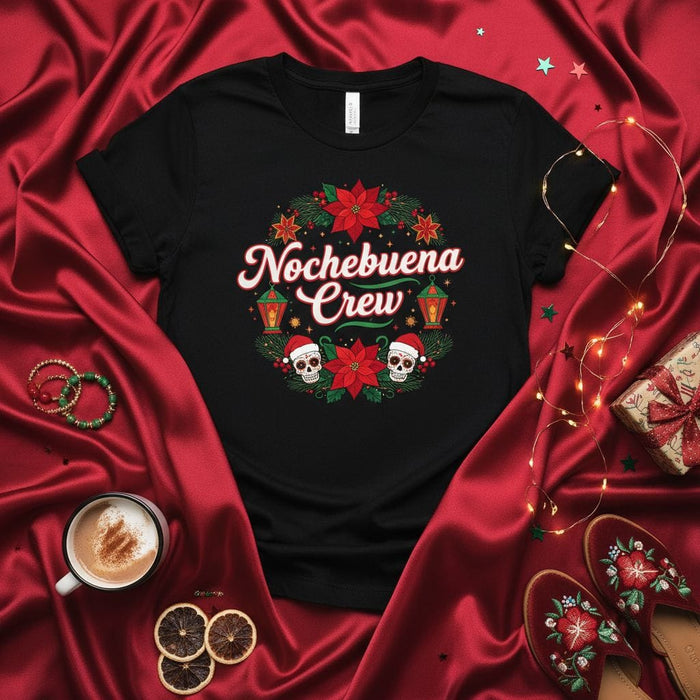 Nochebuena Crew Christmas Calavera T-Shirt, Mexican Holiday Posada Fiesta Tee with Poinsettias and Skulls, Festive Xmas Eve Family Matching Shirt, Hispanic Culture Gift Mexicada