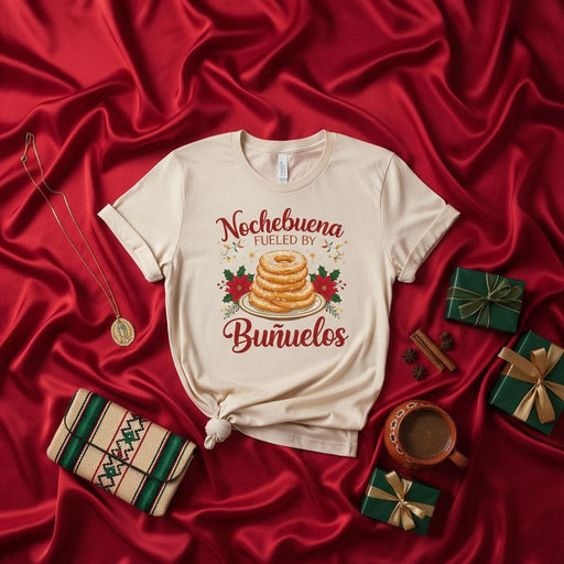 Nochebuena Fueled by Buñuelos Shirt, Christmas Eve Spanish Dessert T-Shirt, Mexican Fritters Holiday Tee, Poinsettia Wreath Festive Family Top, Cute Foodie Gift Idea Mexicada