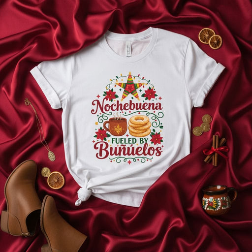 Nochebuena Fueled By Buñuelos T-Shirt, Christmas Eve Mexican Food Tee with Piñata, Poinsettias, Hot Chocolate Mug and Buñuelo Donuts, Holiday Family Matching Shirt Gift Mexicada