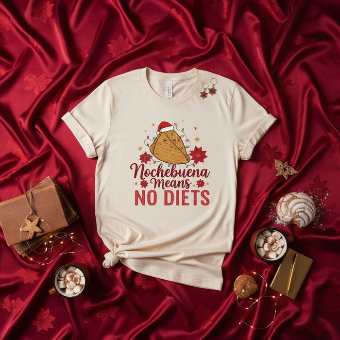 Nochebuena Means No Diets Tamale Christmas T-Shirt, Funny Holiday Food Shirt, Mexican Fiesta Shirt, Cute Tamal with Santa Hat, Unisex Christmas Gift Tee for Foodies and Family Mexicada
