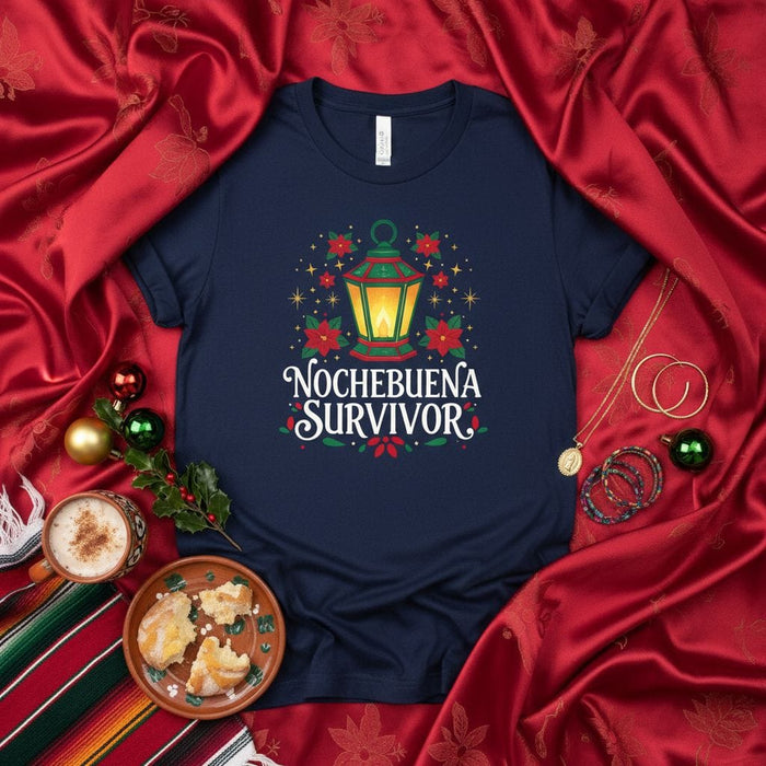 Nochebuena Survivor Shirt, Christmas Eve Family Matching Tee, Hispanic Holiday Celebration T-Shirt with Lantern and Poinsettias, Spanish Christmas Gift, Unisex Nochebuena Top Mexicada