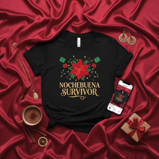 Nochebuena Survivor Shirt, Christmas Poinsettia Lights Tee, Funny Holiday Fiesta Family Matching T-Shirt, Mexican Posada Party Gift Top, Unisex Men Women Xmas Celebration Apparel Mexicada