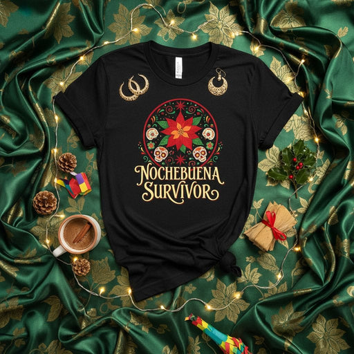 Nochebuena Survivor Shirt, Funny Spanish Christmas Poinsettia Sugar Skull Fiesta T-Shirt, Feliz Navidad Holiday Party Top, Mexican Themed Gift Tee for Women Men Mexicada
