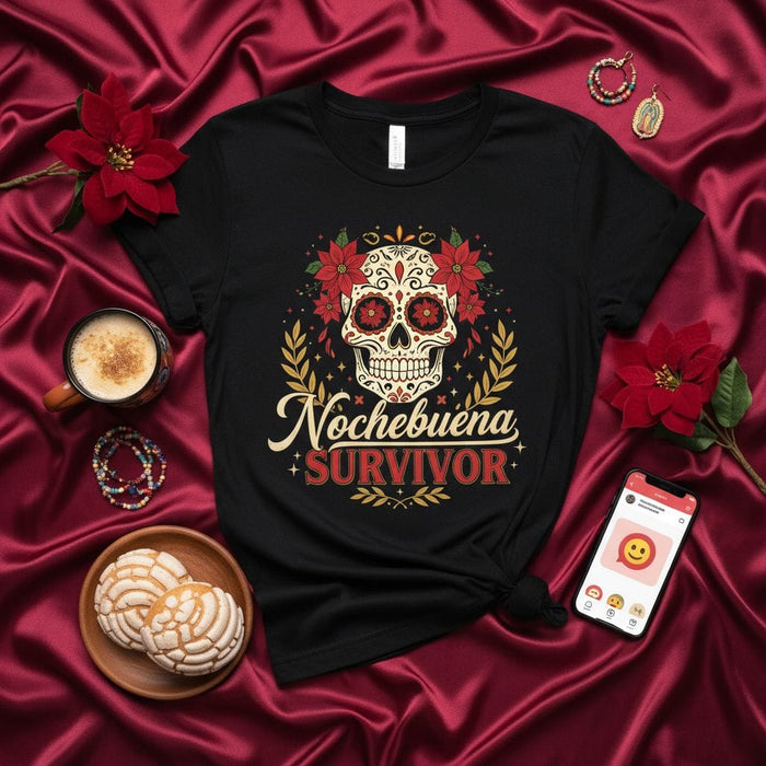 Nochebuena Survivor Sugar Skull T-Shirt, Christmas Poinsettia Day of the Dead Calavera Tee, Funny Holiday Fiesta Gift for Women and Men Mexicada