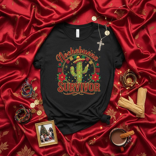 Nochebuena Survivor T-Shirt, Funny Mexican Cactus Christmas Tee, Fiesta Holiday Shirt, Cinco de Mayo Xmas Gift, Spanish Poinsettia Graphic T-Shirt Mexicada