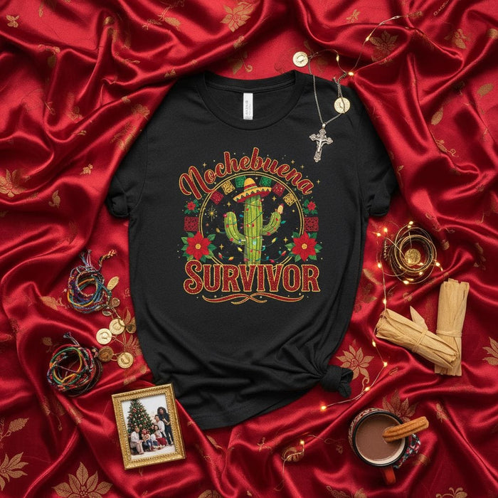 Nochebuena Survivor T-Shirt, Funny Mexican Cactus Christmas Tee, Fiesta Holiday Shirt, Cinco de Mayo Xmas Gift, Spanish Poinsettia Graphic T-Shirt Mexicada
