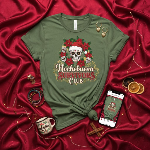 Nochebuena Survivors Club Shirt, Day of the Dead Sugar Skull Christmas Poinsettia Wreath, Xmas Holiday Unisex T-Shirt Gift for Dia de Muertos Enthusiasts Mexicada