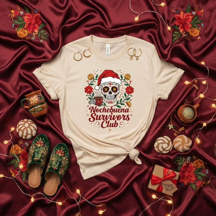 Nochebuena Survivors Club Shirt, Funny Dia de Muertos Christmas T-Shirt, Sugar Skull Santa Hat Coffee Holiday Tee, Calavera Poinsettia Gift for Him Her, Mexican Christmas Party Top Mexicada
