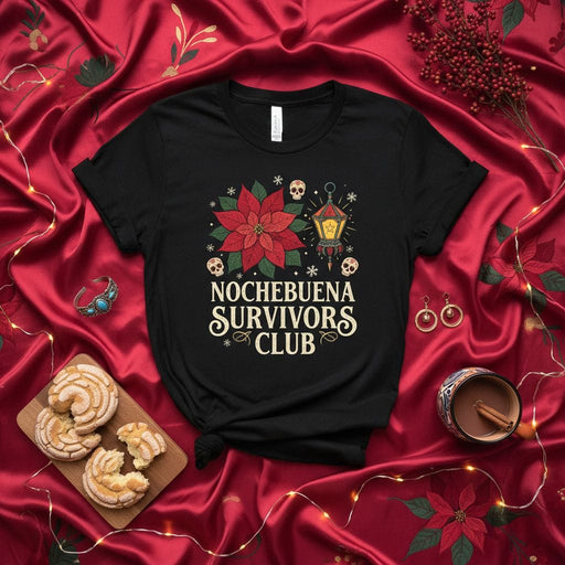 Nochebuena Survivors Club Shirt, Funny Dia de Muertos Poinsettia Skull Lantern Christmas Holiday T-Shirt, Spanglish Xmas Tee for Men and Women, Seasonal Gift Idea Mexicada