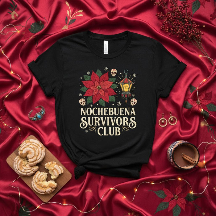Nochebuena Survivors Club Shirt, Funny Dia de Muertos Poinsettia Skull Lantern Christmas Holiday T-Shirt, Spanglish Xmas Tee for Men and Women, Seasonal Gift Idea Mexicada
