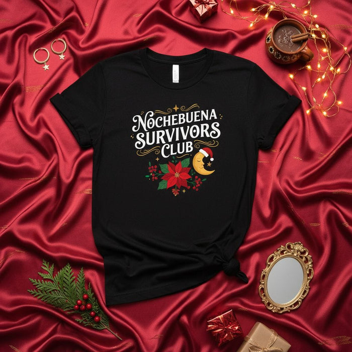 Nochebuena Survivors Club Shirt, Funny Spanish Christmas T-Shirt, Poinsettia and Moon Design, Holiday Family Party Tee, Festive Celebration Gift Idea Mexicada