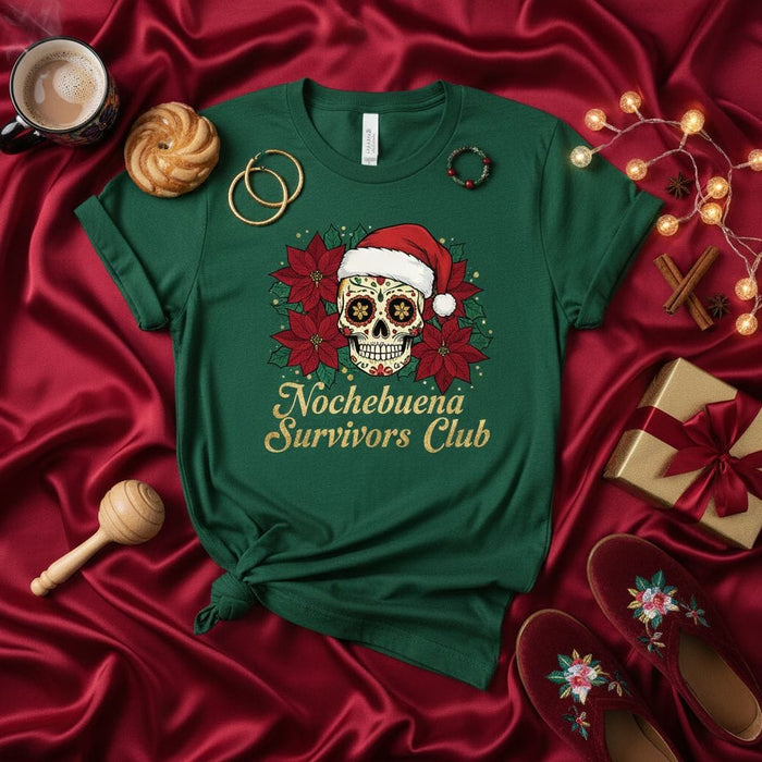 Nochebuena Survivors Club Sugar Skull Christmas T-Shirt, Mexican Day of the Dead Poinsettia Santa Hat Holiday Tee, Dia de Muertos Festive Party Gift Shirt, Unisex Xmas T-shirt Mexicada