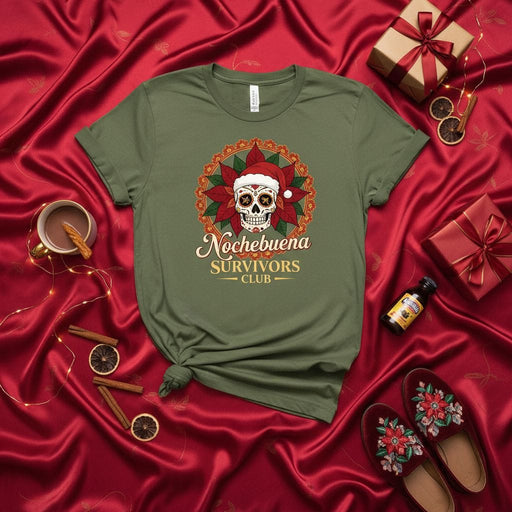 Nochebuena Survivors Club Sugar Skull T-Shirt with Santa Hat and Poinsettias - Funny Christmas Day of the Dead Holiday Tee for Men and Women Mexicada