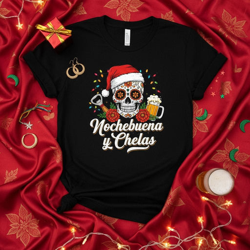 Nochebuena y Chelas T-Shirt, Christmas Sugar Skull with Santa Hat, Day of the Dead Calavera, Funny Mexican Holiday Drinking Shirt, Fiesta Navideña Tee, Beer Opener and Mug Design Mexicada