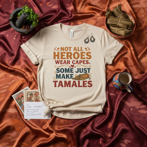 Not All Heroes Wear Capes, Some Just Make Tamales T-Shirt - Funny Mexican Food Tee for Tamalada, Hispanic Heritage Month, or Latina Chef Gift Idea Mexicada