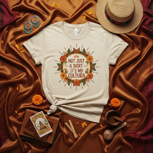 NOT JUST A SHIRT IT'S MY CULTURA Marigold Sunburst Floral Graphic Tee, Unisex Hispanic Heritage Month T-Shirt, Día de Muertos Inspired Cultural Pride Top, Fall Colors Clothing Gift Mexicada