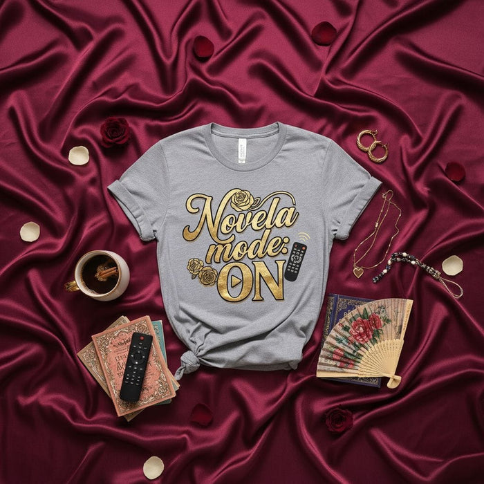 Novela Mode On T-Shirt, Gold Metallic Print Telenovela Fan Tee, Spanish Soap Opera Gift, TV Lover Shirt with Remote Control Graphic, Unisex Novelty Apparel Mexicada