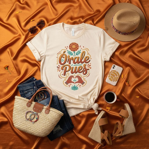 Órale Pues Marigold Flower Heart Hands Graphic Tee, Unisex Latine Culture Expression T-Shirt, Soft Cream Casual Apparel Mexicada