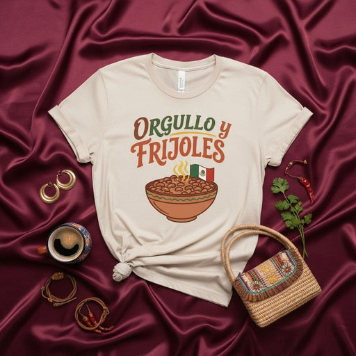 Orgullo y Frijoles Mexican Pride T-Shirt with Steaming Bean Bowl and Flag Graphic, Funny Hispanic Food Lovers Unisex Tee, Cultural Apparel Gift Idea Mexicada
