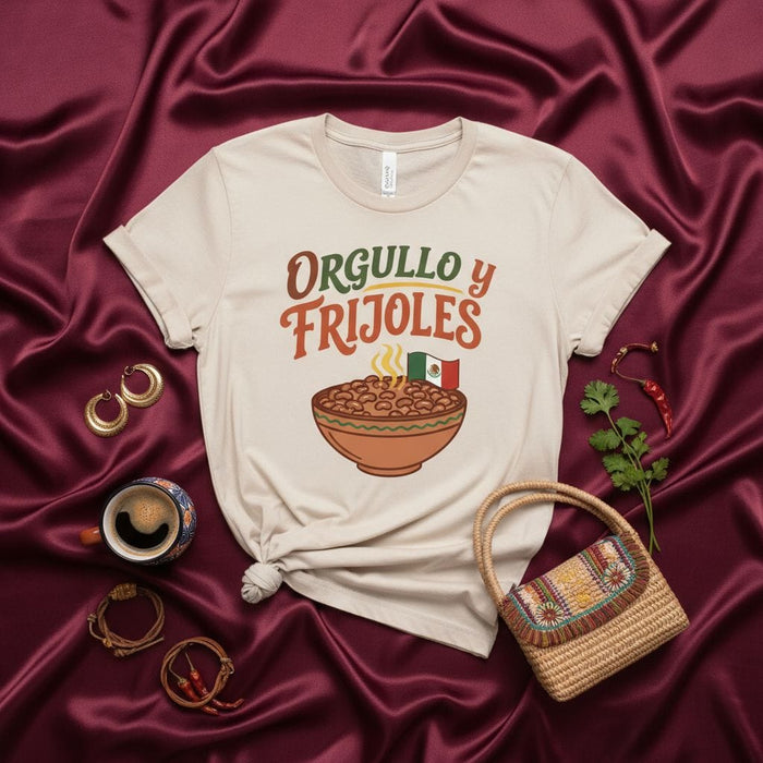 Orgullo y Frijoles Mexican Pride T-Shirt with Steaming Bean Bowl and Flag Graphic, Funny Hispanic Food Lovers Unisex Tee, Cultural Apparel Gift Idea Mexicada