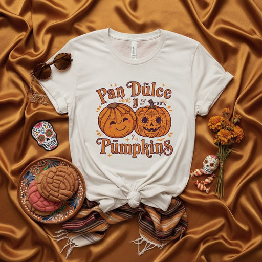 Pan Dulce and Pumpkins Spooky Cute Halloween T-Shirt, Concha Pan de Muerto Graphic Tee, Dia de Muertos Sugar Skull Shirt, Fall Bakery Lover Gift, Unisex Short Sleeve Shirt Mexicada