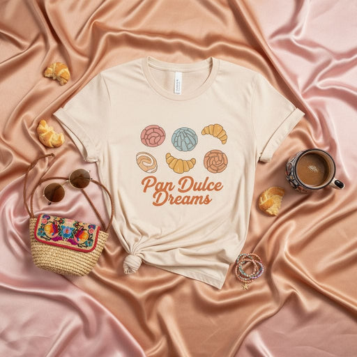 Pan Dulce Dreams Concha Croissant Sweet Bread T-Shirt Mexican Bakery Foodie Tee Unisex Gift for Her or Him, Dessert Lover Shirt with Pastel Colors and Bohemian Vibe, Aesthetic Pan Dulce Graphic Top Mexicada