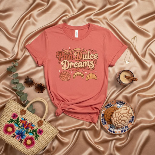 Pan Dulce Dreams T-Shirt: Retro Mexican Concha Pastry Bakery Tee, Cute Spanish Food Lover Gift, Sweet Bread Unisex Shirt with Crescent Roll and Pan de Muerto Graphics Mexicada