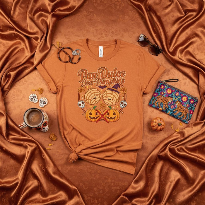 Pan Dulce Over Pumpkins T-Shirt, Conchas Sugar Skull Halloween Tee, Funny Fall Spooky Mexican Bakery Shirt, Unisex Autumn Calavera Gift Idea. Mexicada