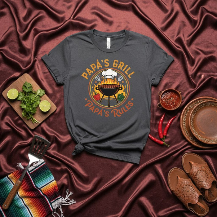 Papa's Grill Papa's Rules Shirt Funny Dad Grilling BBQ T-Shirt Unisex Gift for Father's Day Birthday Barbecue Cookout Summer Cooking Chef Hat Spatula Peppers Flames Graphic Tee Mexicada