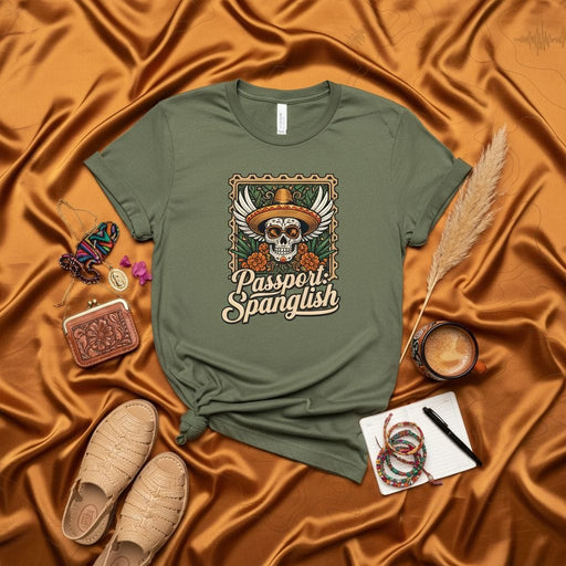 Passport Spanglish Skull T-Shirt, Día de Muertos Sugar Skull Shirt with Sombrero and Wings, Unisex Olive Green Mexican Culture Graphic Tee, Heritage Pride Apparel Mexicada