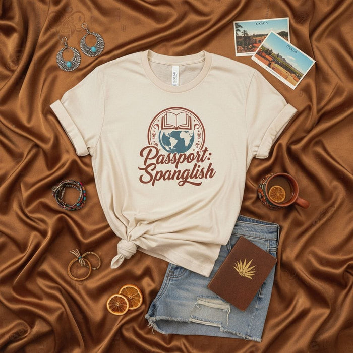 Passport: Spanglish T-shirt Unisex Bilingual Traveler Tee Hispanic Culture Gift Book Earth Globe Graphic Shirt for Men Women Mexicada
