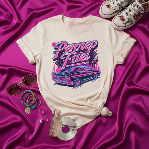 Perreo Fuel T-Shirt, Reggaeton Music Shirt, 90s Vaporwave Aesthetic Lowrider Car Graphic Tee, Neon Pink and Blue Print, Unisex Vibe Top, Perreo Hits CD Vibe, Spanish Phrase Apparel Mexicada