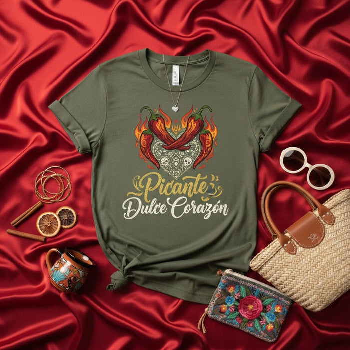 Picante Dulce Corazón Shirt with Flaming Chili Peppers, Sugar Skull Heart, and Spice Quote in Spanish, Unisex Graphic Tee Gift for Hot Sauce Lovers Mexicada