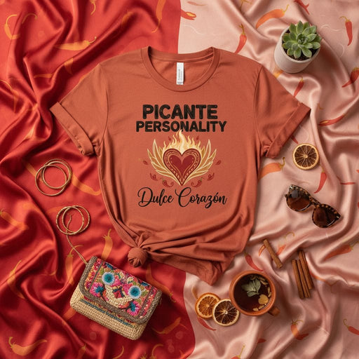 Picante Personality Dulce Corazón Shirt Spicy Sweet Heart Tee Latina Apparel Gift for Her Him Hispanic Heritage Month Fire Heart Design. Mexicada