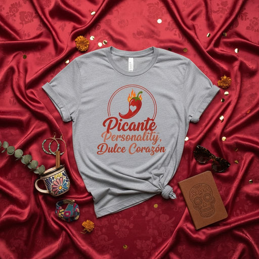 Picante Personality, Dulce Corazón Spicy Sweet Unisex T-Shirt - Latina Hispanic Heritage Month Tee with Chili Pepper Flame Heart Graphic - Mexican Hot Sauce Lover Gift Top Mexicada