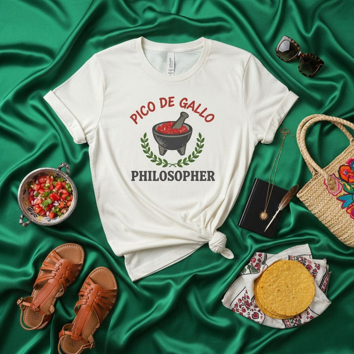 Pico de Gallo Philosopher Funny T-Shirt with Mortar and Pestle Bowl Graphic, Unisex Tee for Mexican Food Lovers and Salsa Enthusiasts, Great Gift for Chefs and Cooks Mexicada