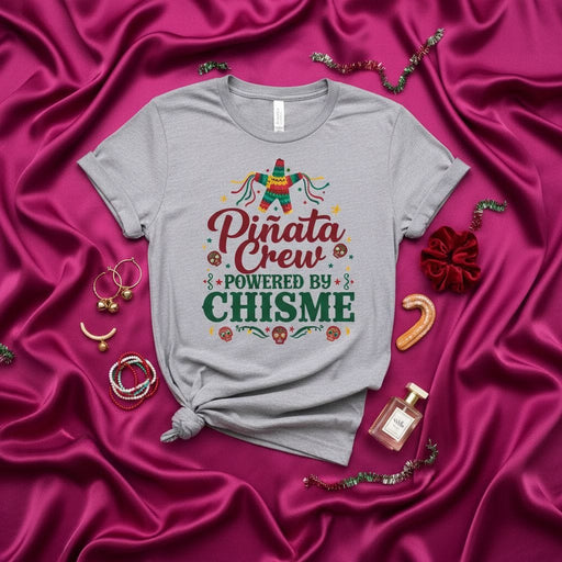Piñata Crew Powered by Chisme T-Shirt, Funny Mexican Party Tee, Cinco de Mayo Fiesta Shirt, Sugar Skulls Graphic Top, Unisex Holiday Celebration Apparel Mexicada