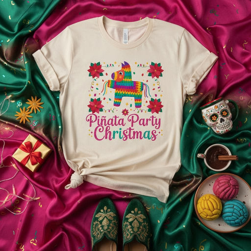Piñata Party Christmas T-Shirt, Colorful Mexican Fiesta Holiday Tee, Unisex Family Matching Xmas Shirt with Poinsettias and Donkey Piñata Graphic Design Mexicada