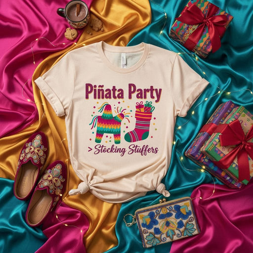 Piñata Party $>$ Stocking Stuffers Shirt, Festive Holiday Christmas Tee, Fun Mexican Celebration Party Outfit, Unisex Adult Gift T-Shirt, Colorful Graphic Clothing Mexicada