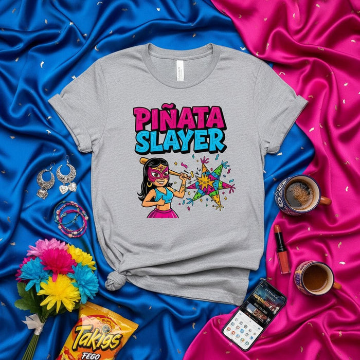 Piñata Slayer Funny Mexican Fiesta Shirt for Women, Birthday Party, Cinco de Mayo Graphic Tee, Girls Kids Pinata Smashing Design, Comic Style Character T-shirt, Short Sleeve Unisex Cotton Blend Top Mexicada