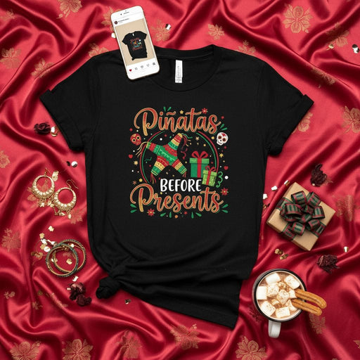 Piñatas Before Presents T-Shirt, Funny Christmas Holiday Tee, Feliz Navidad Festive Party Shirt, Mexican Celebration Gift for Adults and Kids, Colorful Pinata Design Clothing Mexicada