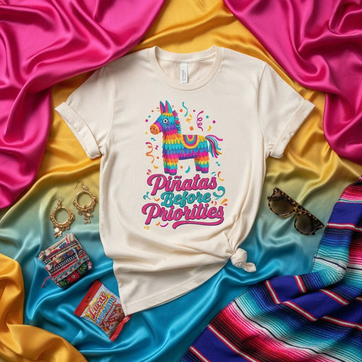 Piñatas Before Priorities T-Shirt, Fiesta Party Tee, Cinco de Mayo Shirt, Funny Mexican Pinata Gift, Unisex Colorful Graphic Top, Birthday Celebration Apparel Mexicada