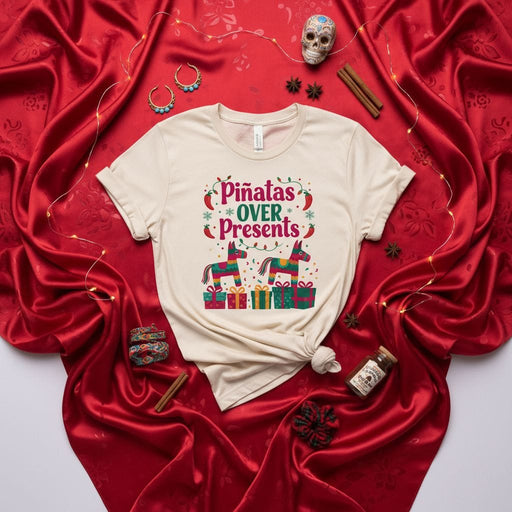 Piñatas Over Presents Christmas Shirt, Funny Mexican Fiesta Holiday Tee, Cinco de Mayo Party Gift, Cute Pinata Lover Xmas Apparel for Men and Women, Festive Cultural Graphic T-Shirt Mexicada
